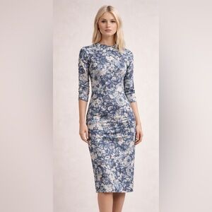 Blue Floral Long Sleeve Sheath Dress - Women's Elegant Printed Dress